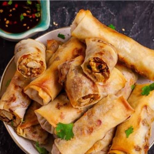 Crispy spring rolls filled with savory vegetables and meat, served with a side of sweet soy dipping sauce, on a dark textured surface garnished with cilantro.