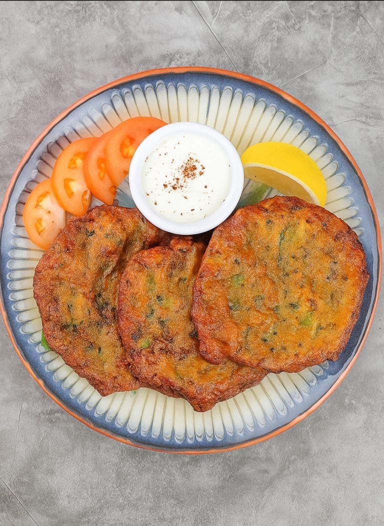 Crispy vegetable cutlets served with fresh tomato slices, lemon wedge, and a side of yogurt-based dip on a decorative ceramic plate. Perfect for healthy snack or appetizer.