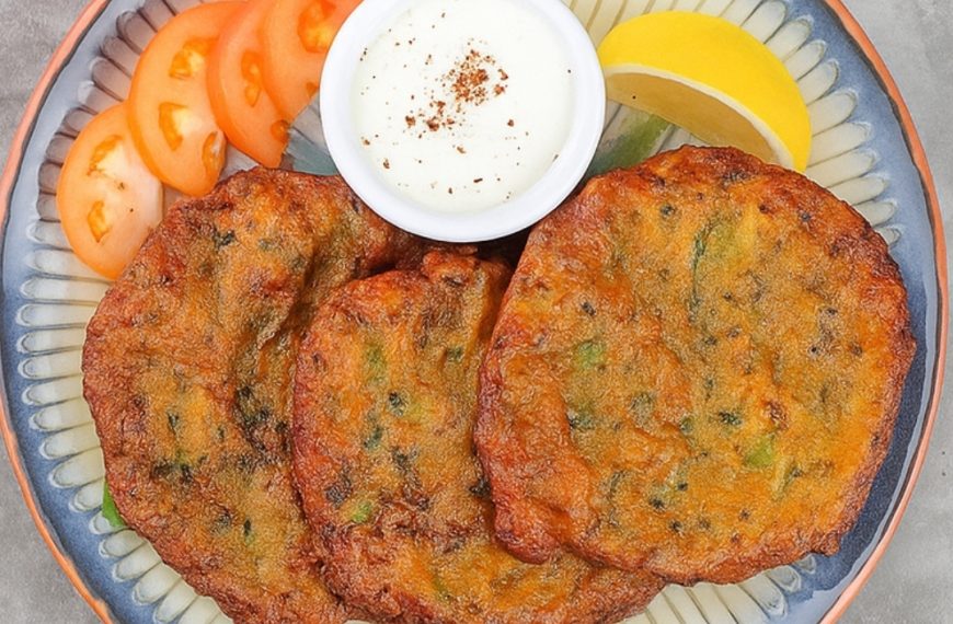 Crispy vegetable cutlets served with fresh tomato slices, lemon wedge, and a side of yogurt-based dip on a decorative ceramic plate. Perfect for healthy snack or appetizer.