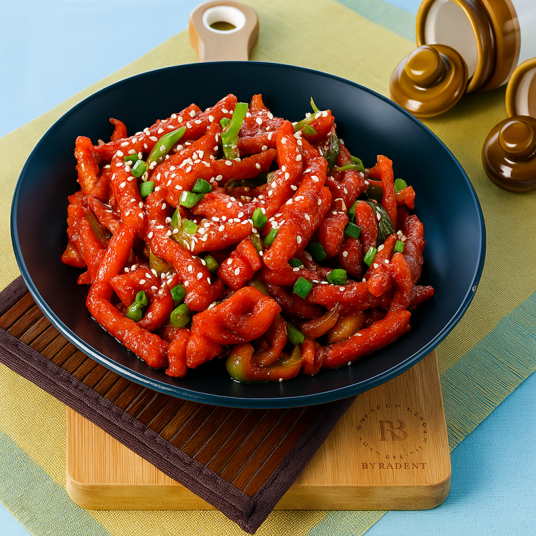 Szechuan-style spicy stir-fried noodles with vegetables and sesame seeds served in a dark blue bowl on a wooden tray, featuring green onions and a vibrant sauce.