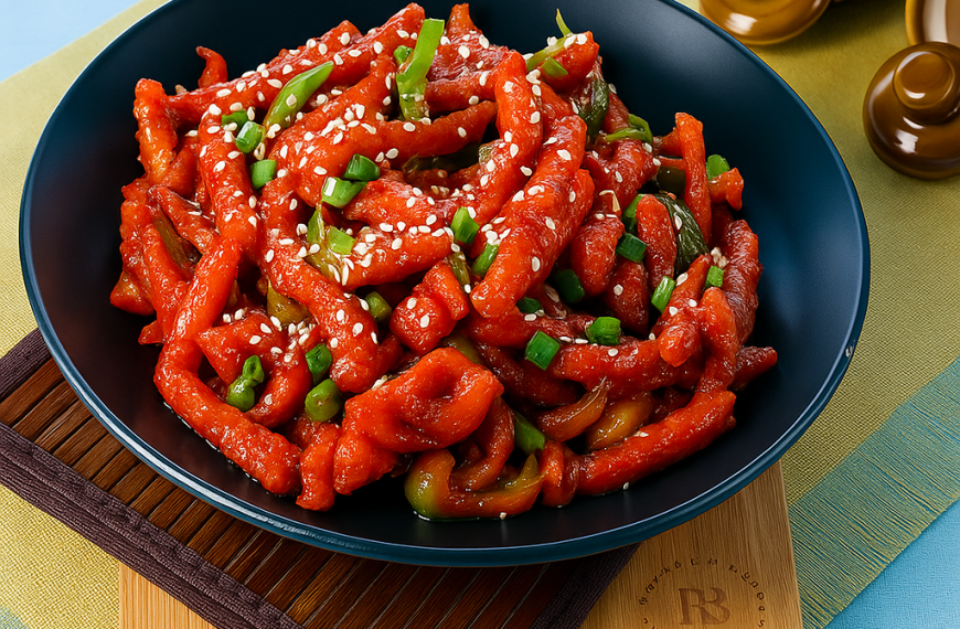Szechuan-style spicy stir-fried noodles with vegetables and sesame seeds served in a dark blue bowl on a wooden tray, featuring green onions and a vibrant sauce.